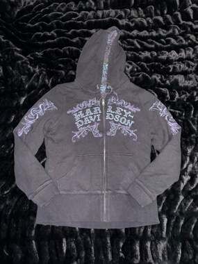 Y2K Harley-Davidson Reversible Zip Hoodie – Skull Wings Graphic – Full Print MED